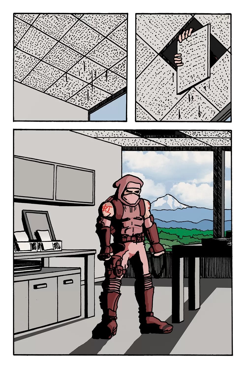 The ninja enters an office. 