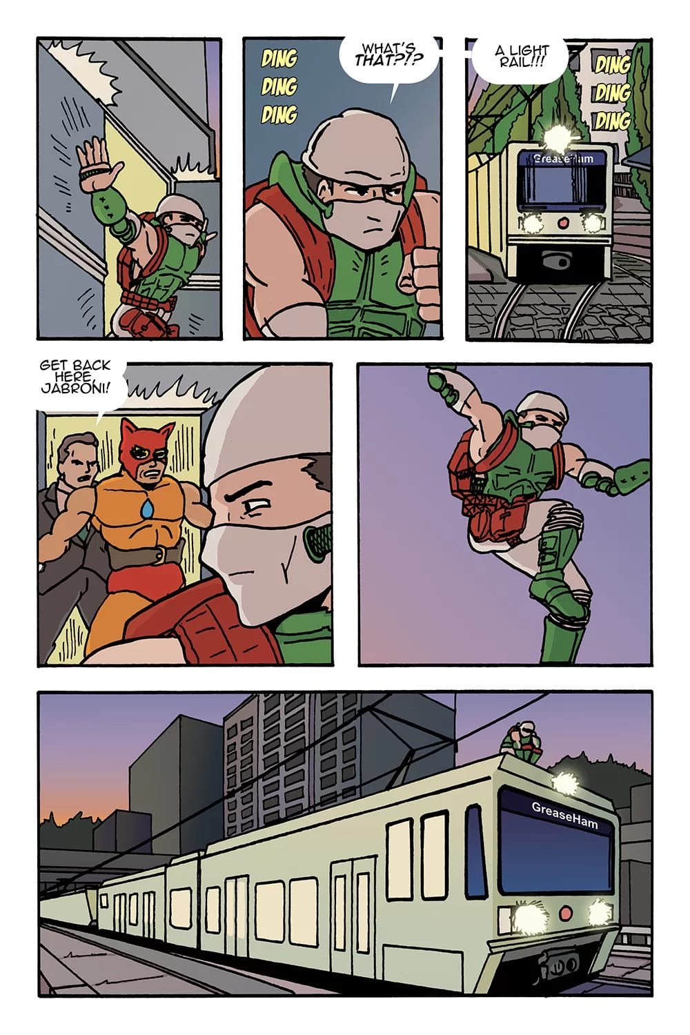The ninja jumps on a light rail and escapes.